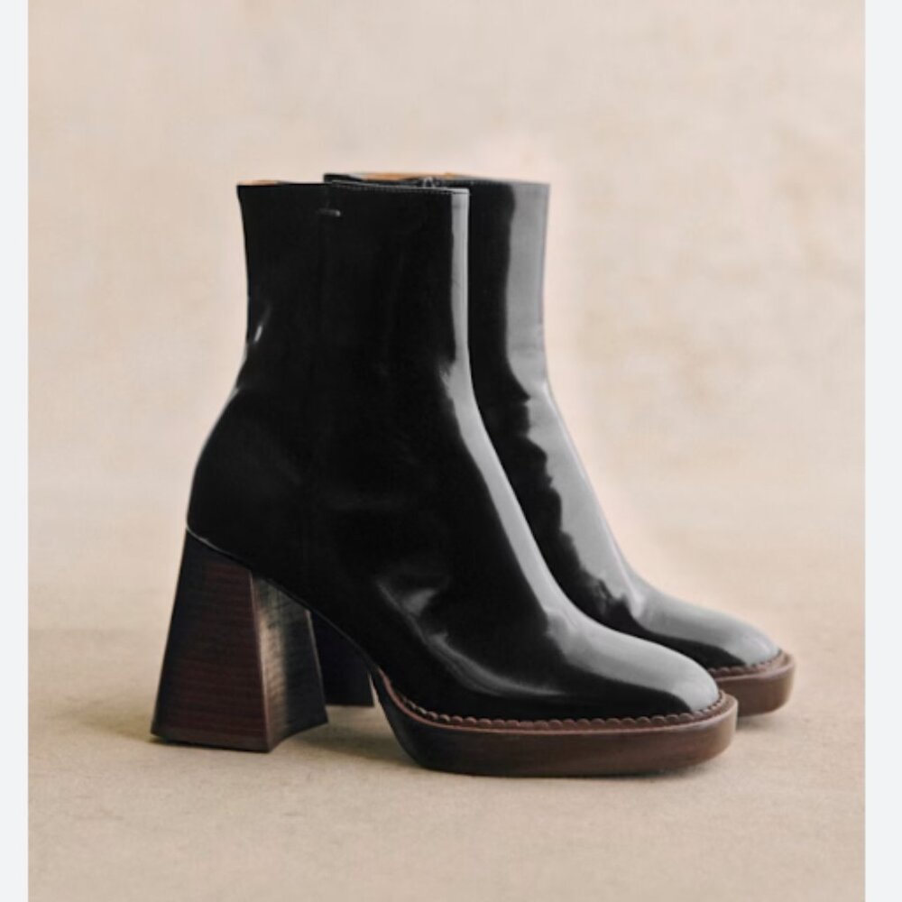 Sezane Kaia High Ankle Boots Glossy Black